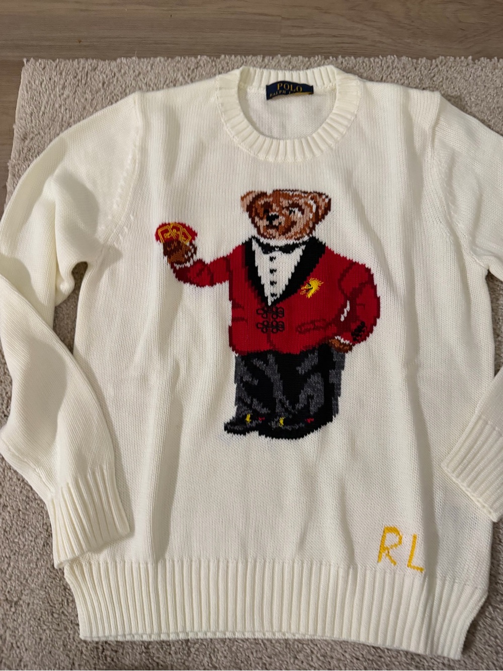 Polo by Ralph Lauren Cream Crewneck Sweater with Red Bear Intarsia - Picture 4 of 4
